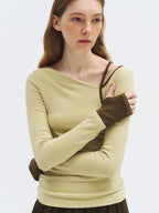 someonesometimes Stretch Casual Slim Asymmetric Neck Women Lemongrass Yellow Long Sleeve T-Shirts