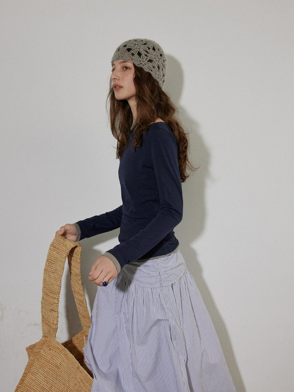 Lofi choose High Waist Cotton Comfort Pleated Loose Fit Office Women Blue Stripe Midi Skirts