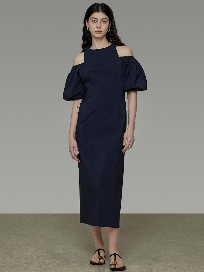 unspoken Slimming Waist A Line Irregular Hem Puff Sleeve City Navy Maxi Dresses