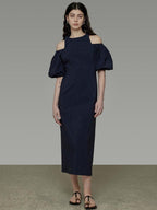 unspoken Slimming Waist A Line Irregular Hem Puff Sleeve City Navy Maxi Dresses