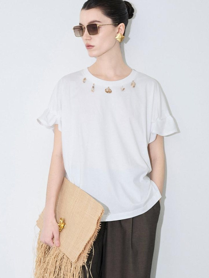 audreyyang Pure Cotton Loose Fit Casual Round Neck Women White Navy Short Sleeve T-Shirts