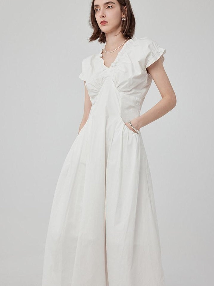 fano Pleated High Waist A Line V-neck Flutter Sleeves 100% Cotton Casual Maxi Dresses