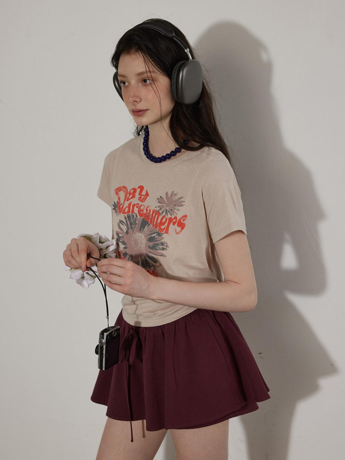 Lofi choose Cotton Floral Printed Loose Casual Round Neck Women Blue Short Sleeve T-Shirts