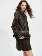 audreyyang Detachable Vintage Snake Print Pu Midlength Relaxed Womens Lapel Leather Jackets