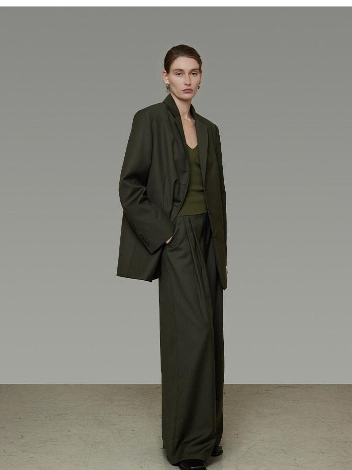 unspoken Breathable Dark Green Loose Lapel Blazer High Waist Casual Top & Skirt Sets