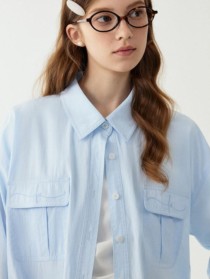fano Breathable Lyocell Korean Oversized Collared Long Sleeve Women Blue Shirts