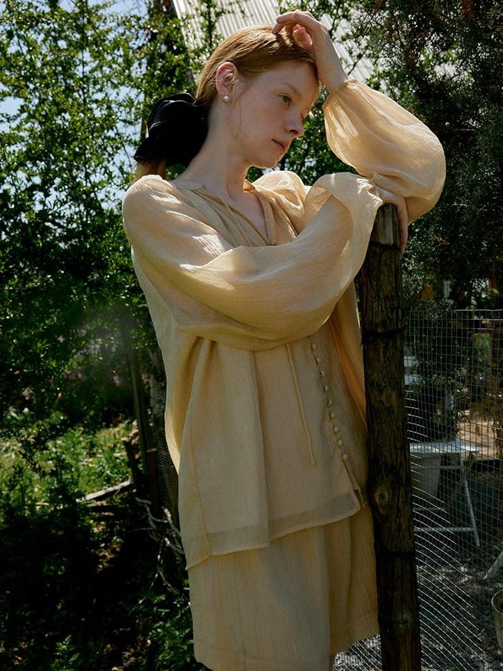fano Soft Tencel V-neck Long Sleeve Pullover Casual Two Piece Women Blouses