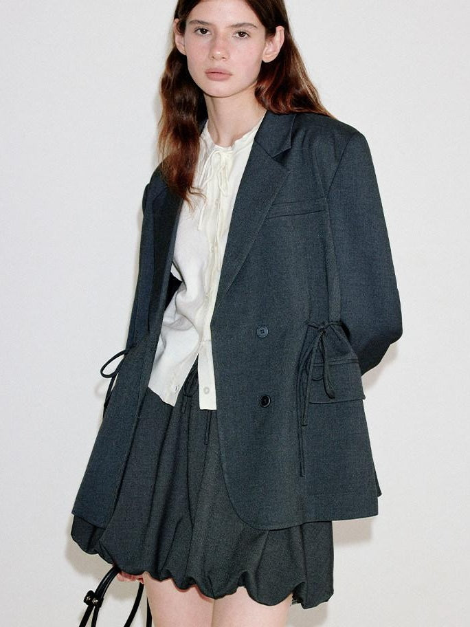 fano Deep Gray Solid Single Button Blazer Loose Fit Women Workwear Top & Skirt Sets