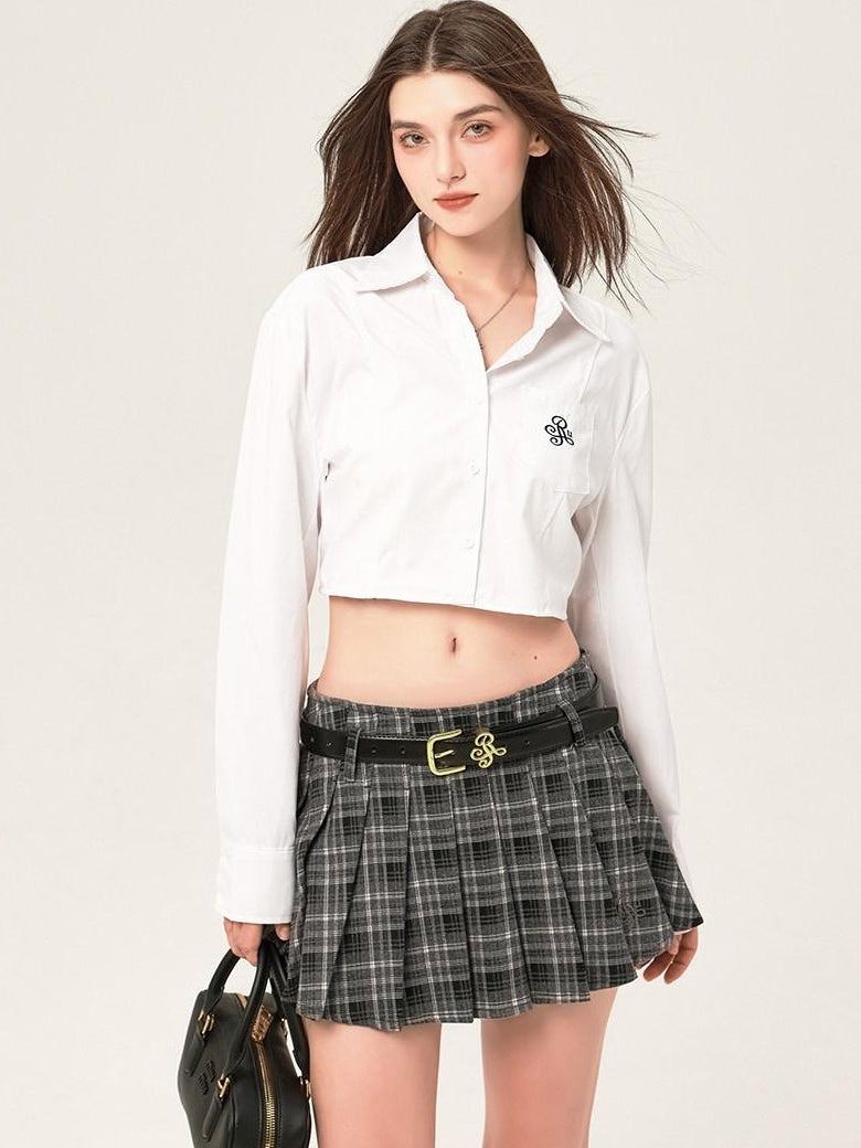ikyou Embroidered Square Neck Long Sleeve Straight Minimal Poly Cotton Basic Crop Tops