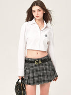 ikyou Embroidered Square Neck Long Sleeve Straight Minimal Poly Cotton Basic Crop Tops