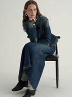 someone sometimes High Cotton Denim Blue Long Sleeve Collared Buttoned Women Top & Skirt Sets