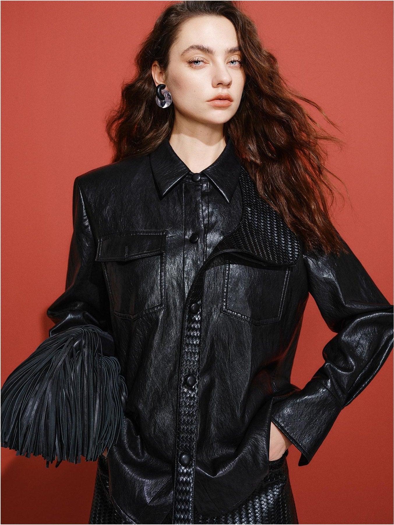audreyyang Premium Pu Leather Lapel Long Sleeve Tailored Womens Black Wine Leather Jackets