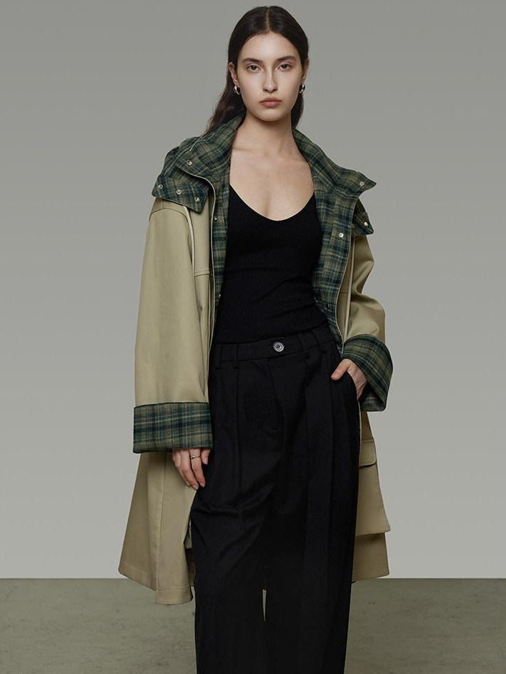 unspoken Breathable Pure Cotton Minimalist Loose Midlength Women Plaid Khaki Trench Coats