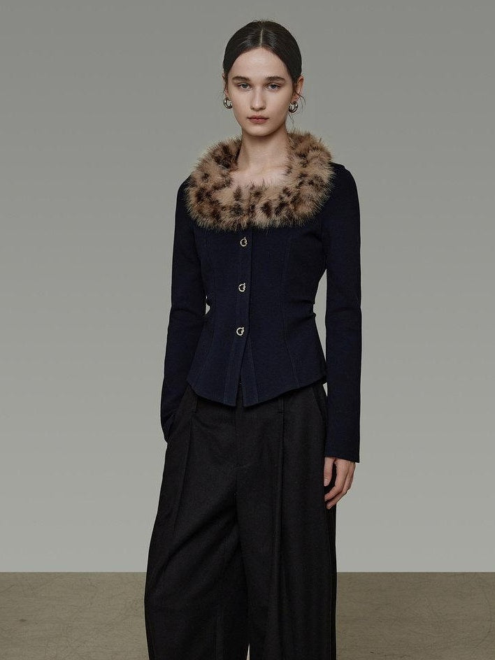 unspoken Warm Fur Collar Slim Cropped Workwear Women Cotton Leopard Navy Cardigans