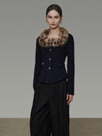 unspoken Warm Fur Collar Slim Cropped Workwear Women Cotton Leopard Navy Cardigans