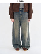 fano Breathable Cotton Distressed Natural Waist Loose Fit Blue Wide Leg Jeans