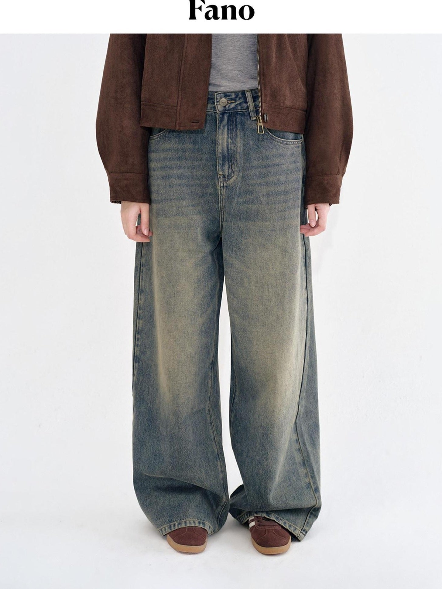 fano Breathable Cotton Distressed Natural Waist Loose Fit Blue Wide Leg Jeans