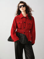 audreyyang Premium Lambskin Loose Fit Lapel Button Women Chinese Red Cropped Jackets