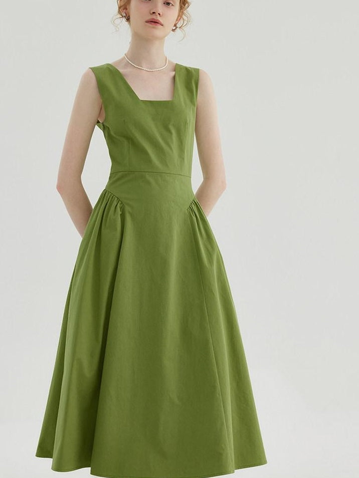 fano Cotton High Waist Pleated Minimal A Line Square Neck Women Maxi Dresses