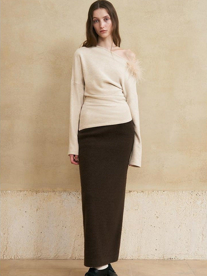 someonesometimes 3D Embellished Asymmetrical Neck Slim Crop Knit Wool Blend Sweaters