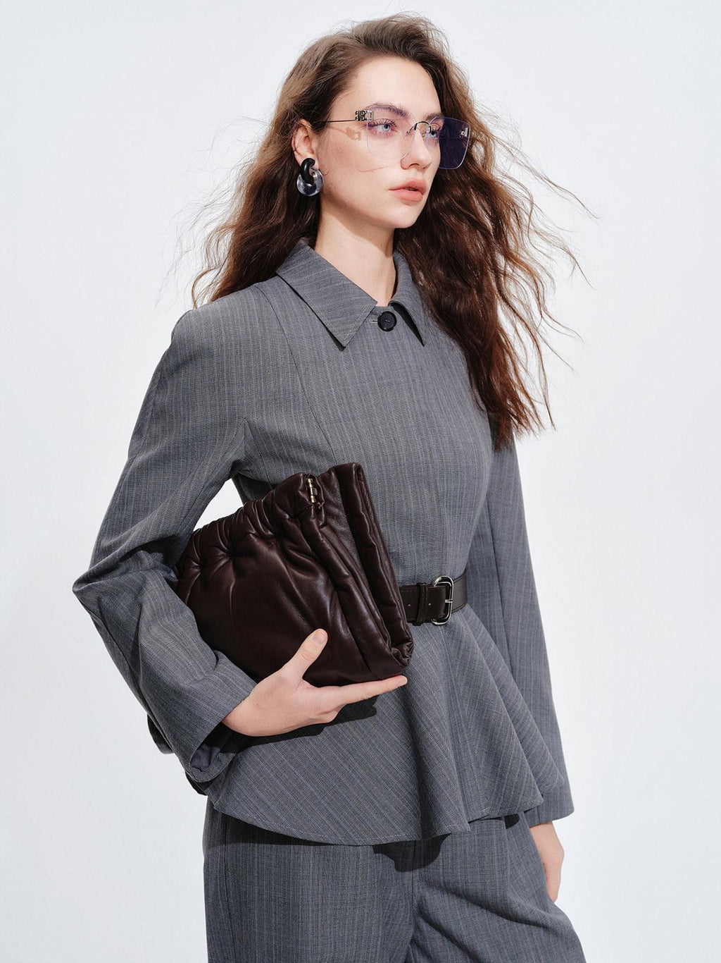 audreyyang Shape Retaining Cinched Waist Herringbone Lapel Women Wool Blend Cropped Jackets