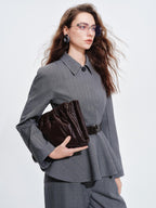 audreyyang Shape Retaining Cinched Waist Herringbone Lapel Women Wool Blend Cropped Jackets