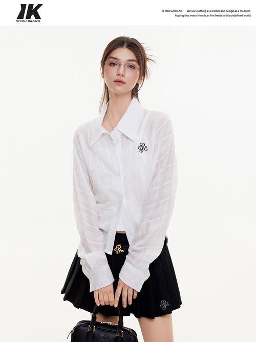 ikyou Breathable Lyocell Embroidered Slim Lapel Cardigan Short Work Women Shirts