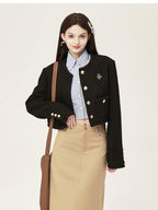ikyou 3D Button Trim Slim Fit Office Long Sleeve Solid Polyester Cropped Jackets