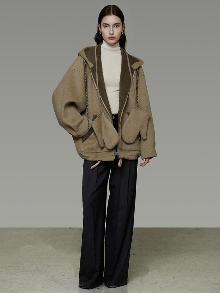 unspoken Premium Sheepswool Minimal Commuter Loose Fit Hooded Zip For Women Wool Coats