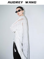 audreyyang Lightweight Breathable Loose Fringe Mid Length Women Cotton Solid Cardigans