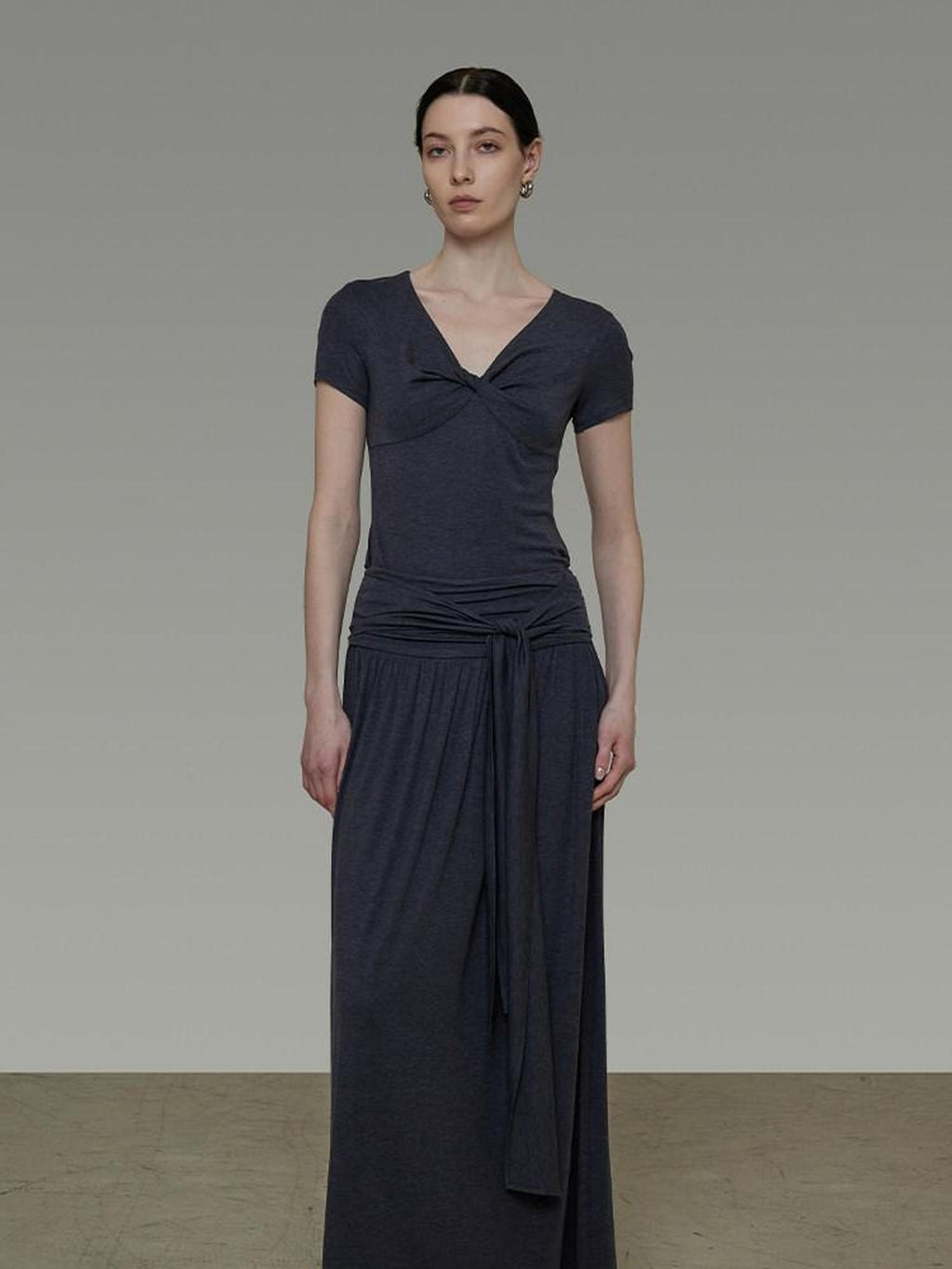 unspoken Lyocell Blend V-neck Slim Fit Minimal Workwear Women Solid Color Maxi Dresses