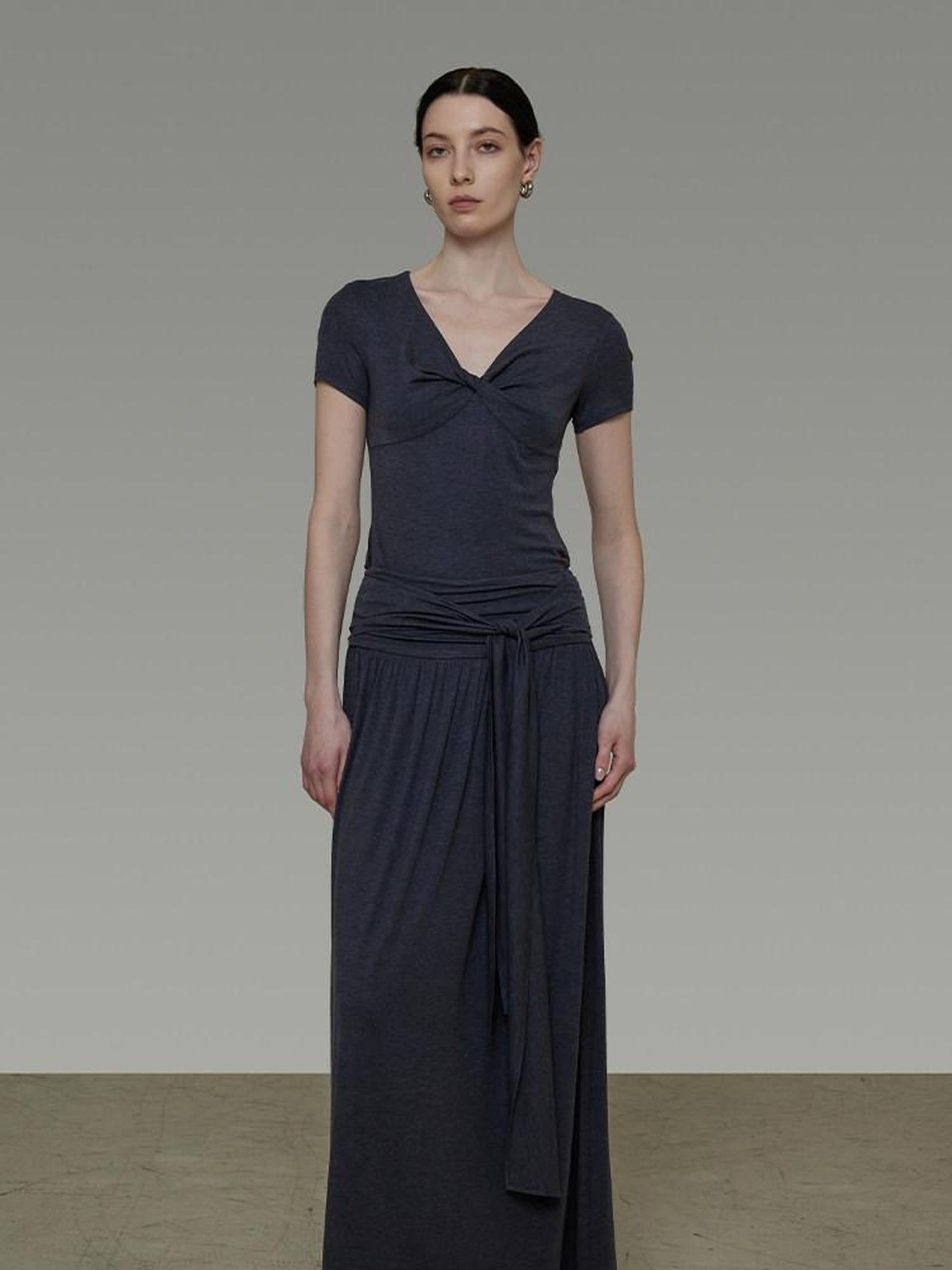 unspoken Lyocell Blend V-neck Slim Fit Minimal Workwear Women Solid Color Maxi Dresses