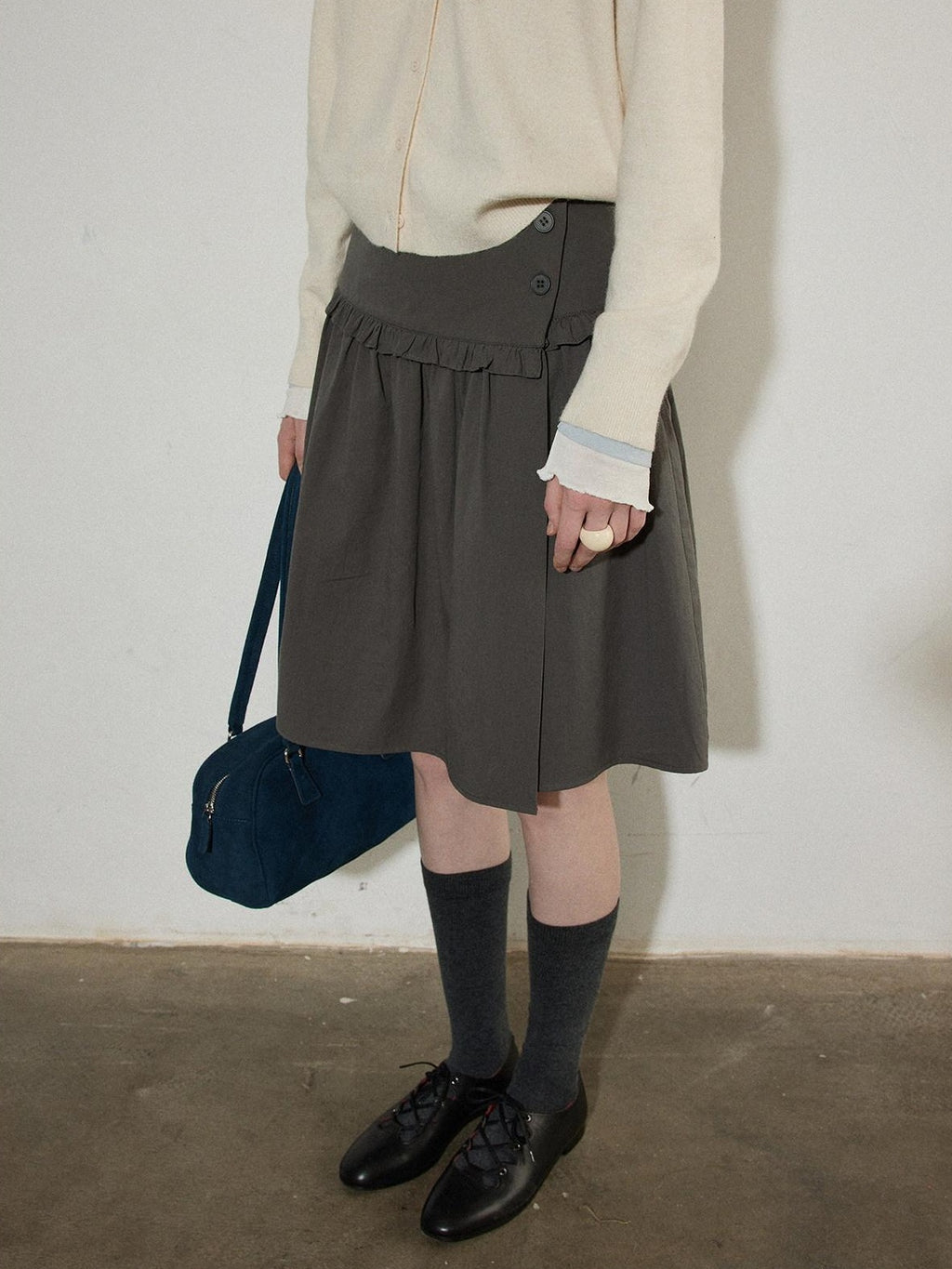 Lofi choose High Waist Ruffle A Line Pleated Cotton Commuter Skirt For Women Midi Skirts