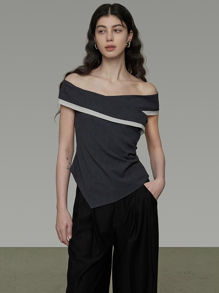 unspoken Slim Minimalist Colorblock Office Bardot Sleeveless Off Shoulder Crop Tops