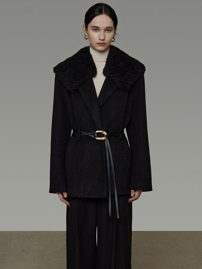 unspoken Fur Collar Thick Mid Length Loose Fit Minimalist Commuter Black Wool Long Coats