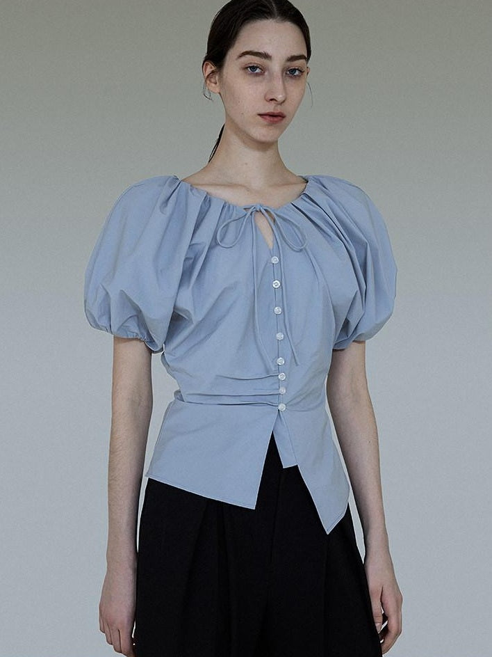 unspoken Breathable Cotton Tie Waist Puff Sleeve Commuter Women Round Neck Button Blouses