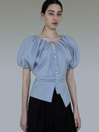 unspoken Breathable Cotton Tie Waist Puff Sleeve Commuter Women Round Neck Button Blouses