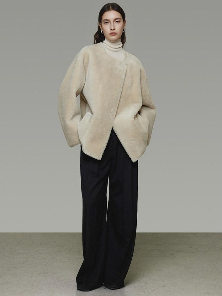 unspoken Warm Cream Collarless Minimalist Relaxed Fit Women Polyester Short Coat