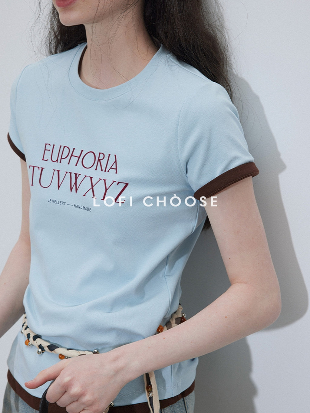 Lofi choose Printed Crew Neck Loose Fit Commuter Women Light Blue Short Sleeve T-Shirts