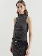 someone sometimes Versatile Pleated Tie Cami Slim Fit Lyocell Linen Blend Women Top & Skirt Sets