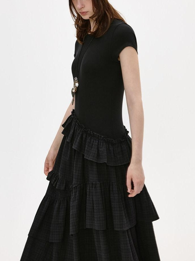 fano Breathable Viscose A Line Plaid Short Sleeve Korean Commuter Casual Maxi Dresses