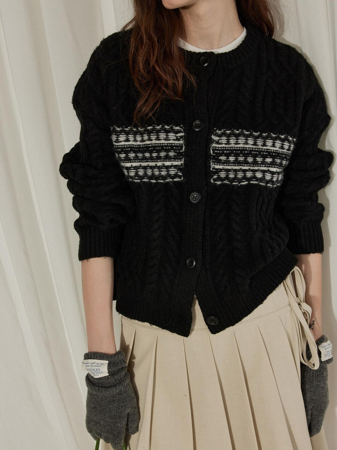 Lofi choose Soft Wool Blend Minimalist Buttoned Round Neck Long Sleeve Women Black Cardigans