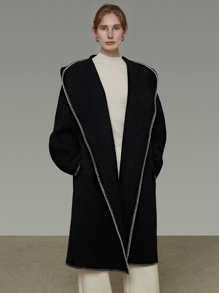 unspoken Cozy Minimalist Commuter Loose Hooded Midlength Women Black Tie Wool Coats