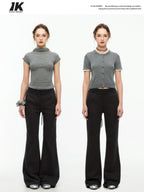 ikyou Minimal Commuter Drawstring Natural Waist Cotton Blend Wrinkle Free Flared Pants