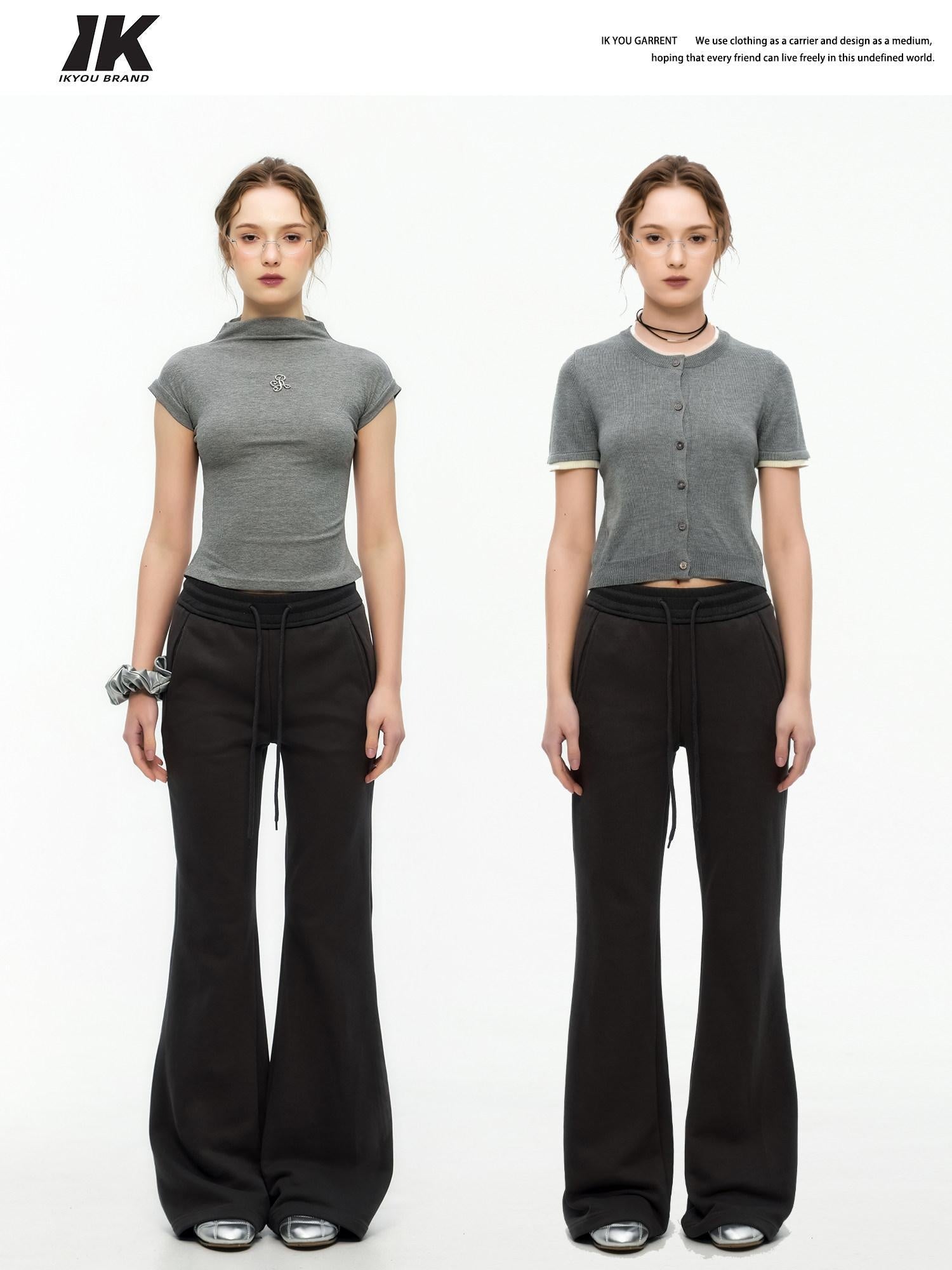 ikyou Minimal Commuter Drawstring Natural Waist Cotton Blend Wrinkle Free Flared Pants