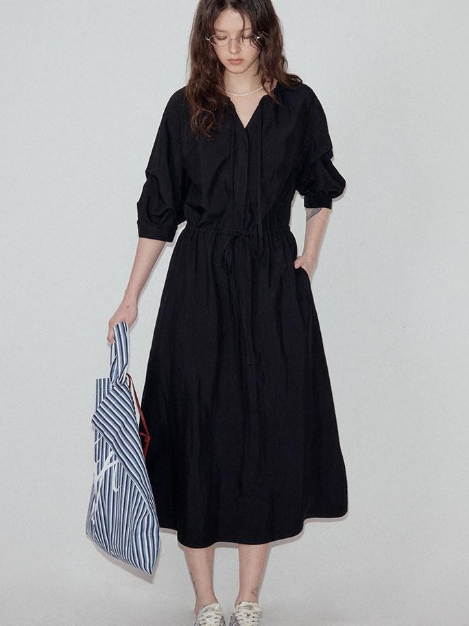 fano Flattering Tied Waist Workwear A Line V-neck Women Viscose Nylon Black Maxi Dresses