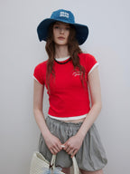 Lofi choose Loose Fit Round Neck Commuter Office Red Blue Short Sleeve T-Shirts