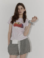 Lofi choose High Waist Relaxed Fit Women Office Commuter Black Apricot Striped Mini Shorts