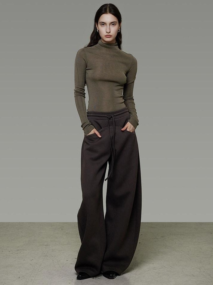 unspoken Breathable Cotton High Waist Tie Waist Minimalist Women Brown Wide Leg Pants