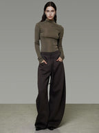 unspoken Breathable Cotton High Waist Tie Waist Minimalist Women Brown Wide Leg Pants